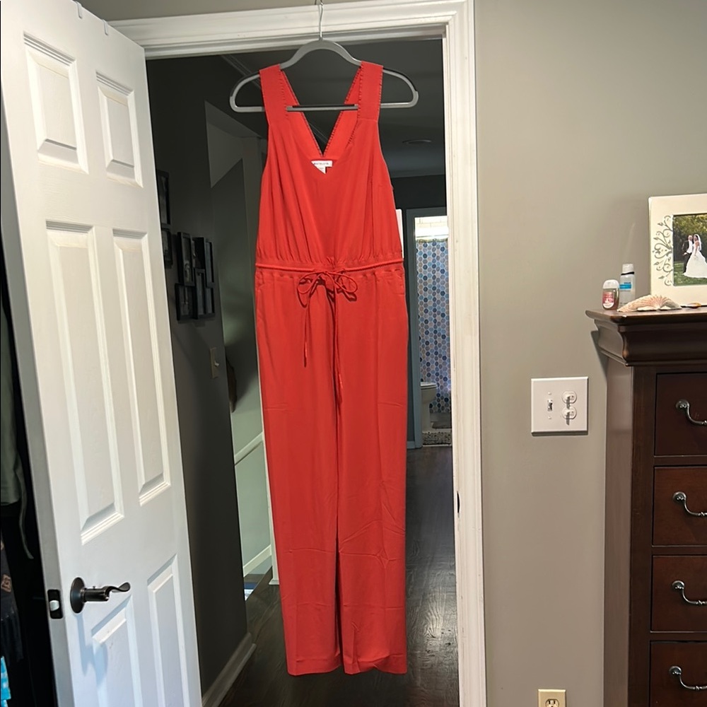 Athleta Red V-Neck Jumpsuit with Tie Waist